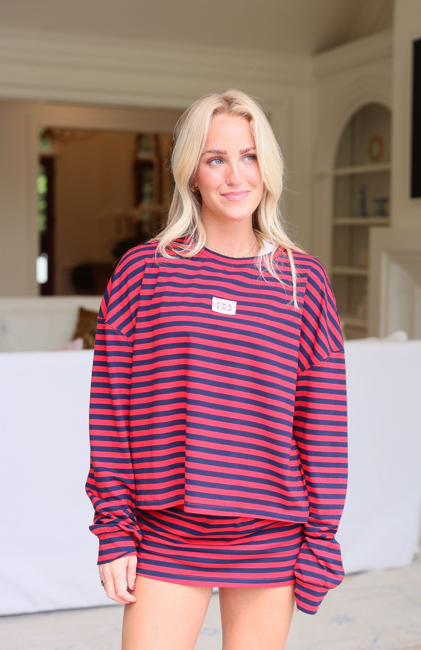 Stripe Oversized Long Sleeve Tee  - Navy/Cherry