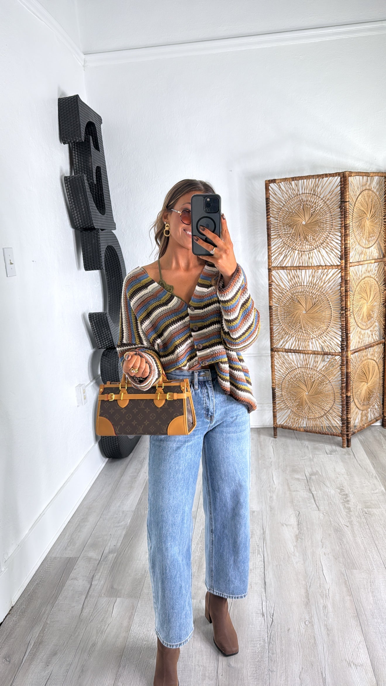 Homeroom Teacher Knit Cardigan, Brown/ Multi