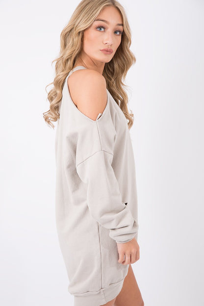 Beige Cold Shoulder Distressed Jumper Dress - Kylie