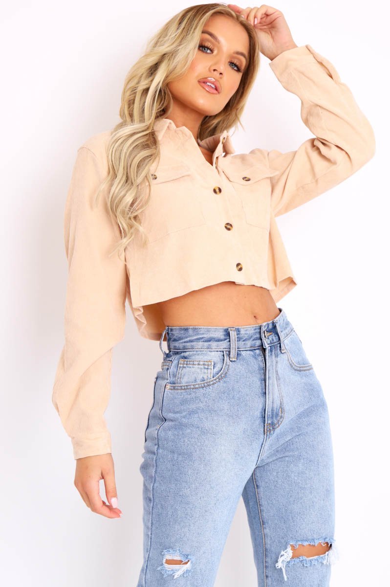 Beige Corduroy Utility Pocket Cropped Shirt - Eliora