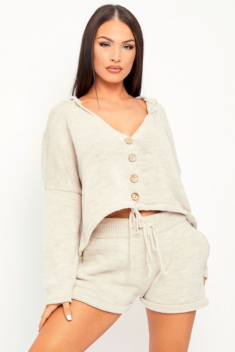 Beige Knit Hoodie Cardigan + Shorts Co-ord - Esther