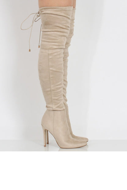 Beige Suede Over the Knee Drawstring Stiletto Boots - Avery
