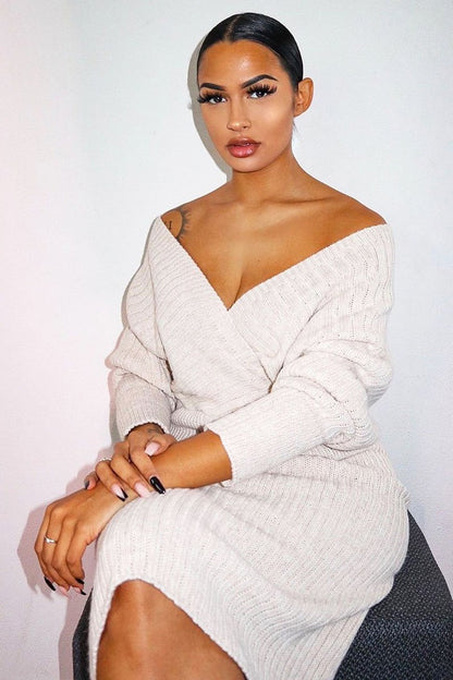 Beige Wrap Front Knit Midi Dress - Edan