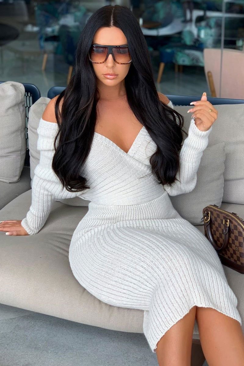 Beige Wrap Front Knit Midi Dress - Edan