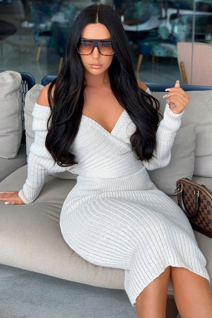 Beige Wrap Front Knit Midi Dress - Edan
