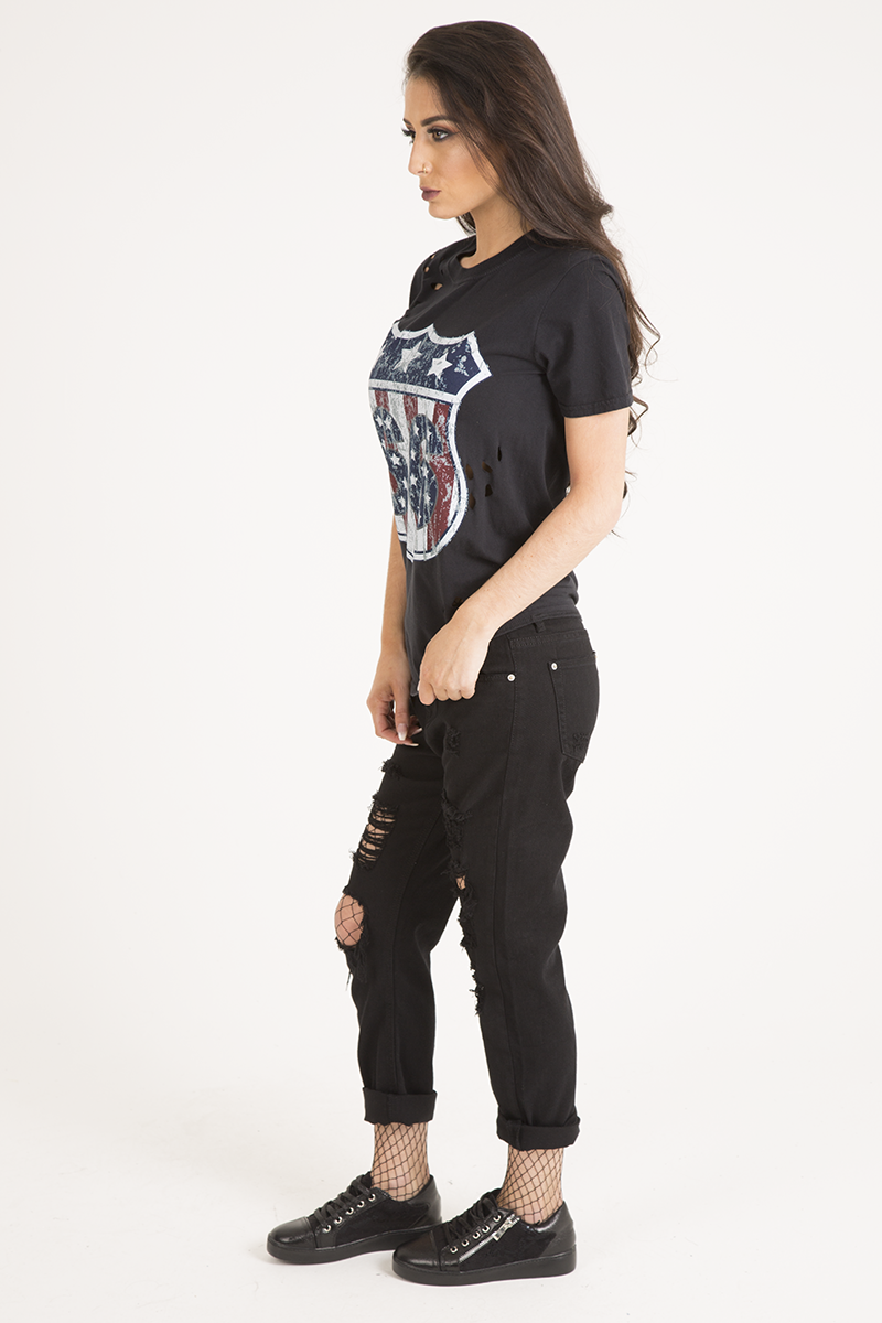 Black '66' Graphic Print Laser Cut Top - Gracie