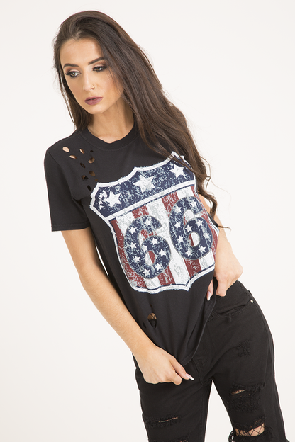 Black '66' Graphic Print Laser Cut Top - Gracie