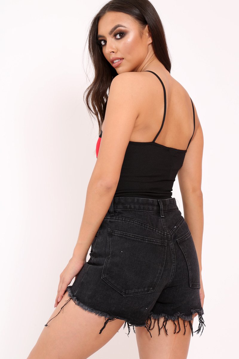 Black and Red Ribbed Ring Zip Front Bodysuit - Carmella