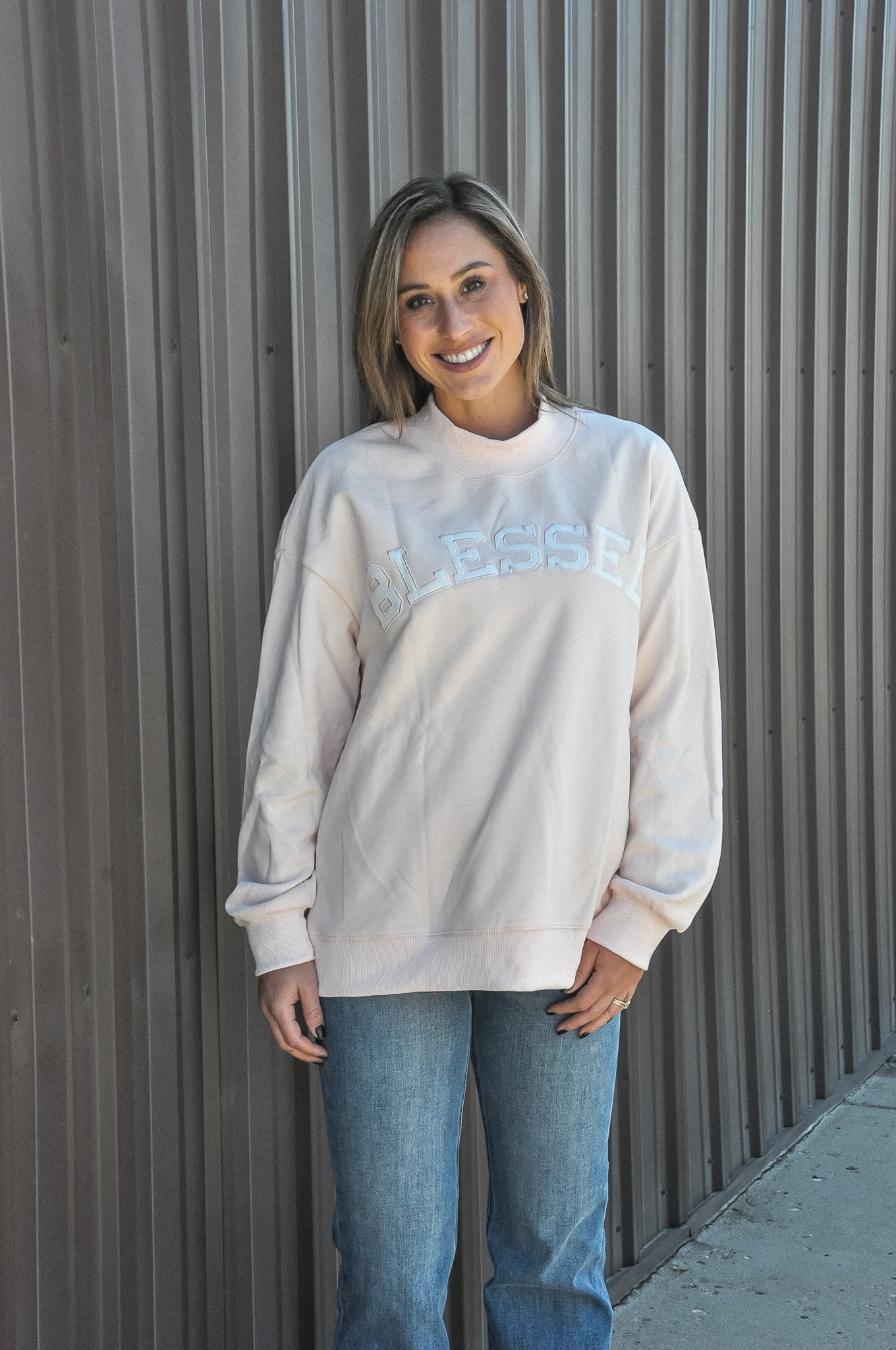 Blessed Embroidered Mock Neck Sweatshirt