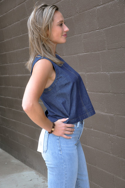 Boat Neck Back Button Denim Top