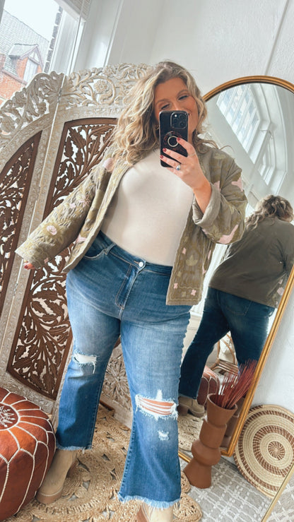 Flourish Floral Printed Jacket, Olive/Blush