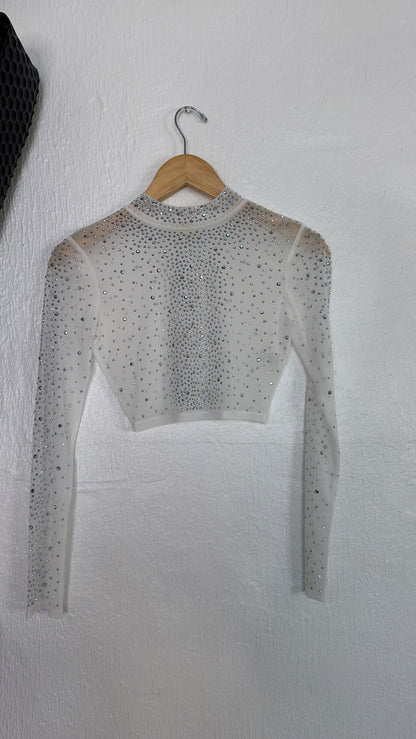 Rhinestone Crop Top, White