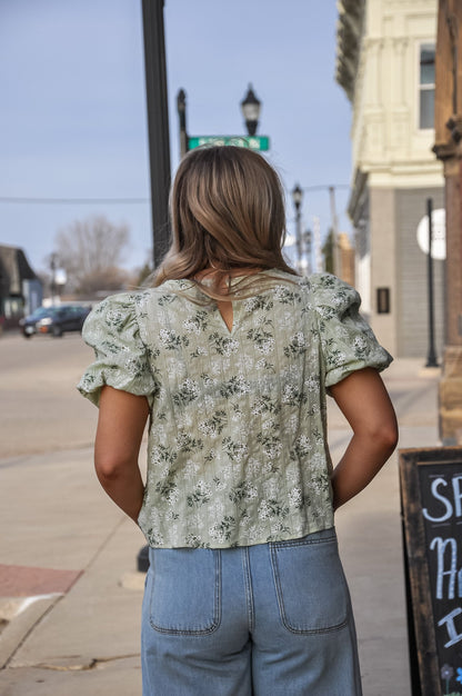 Candy Mint Floral Puff Sleeve Blouse