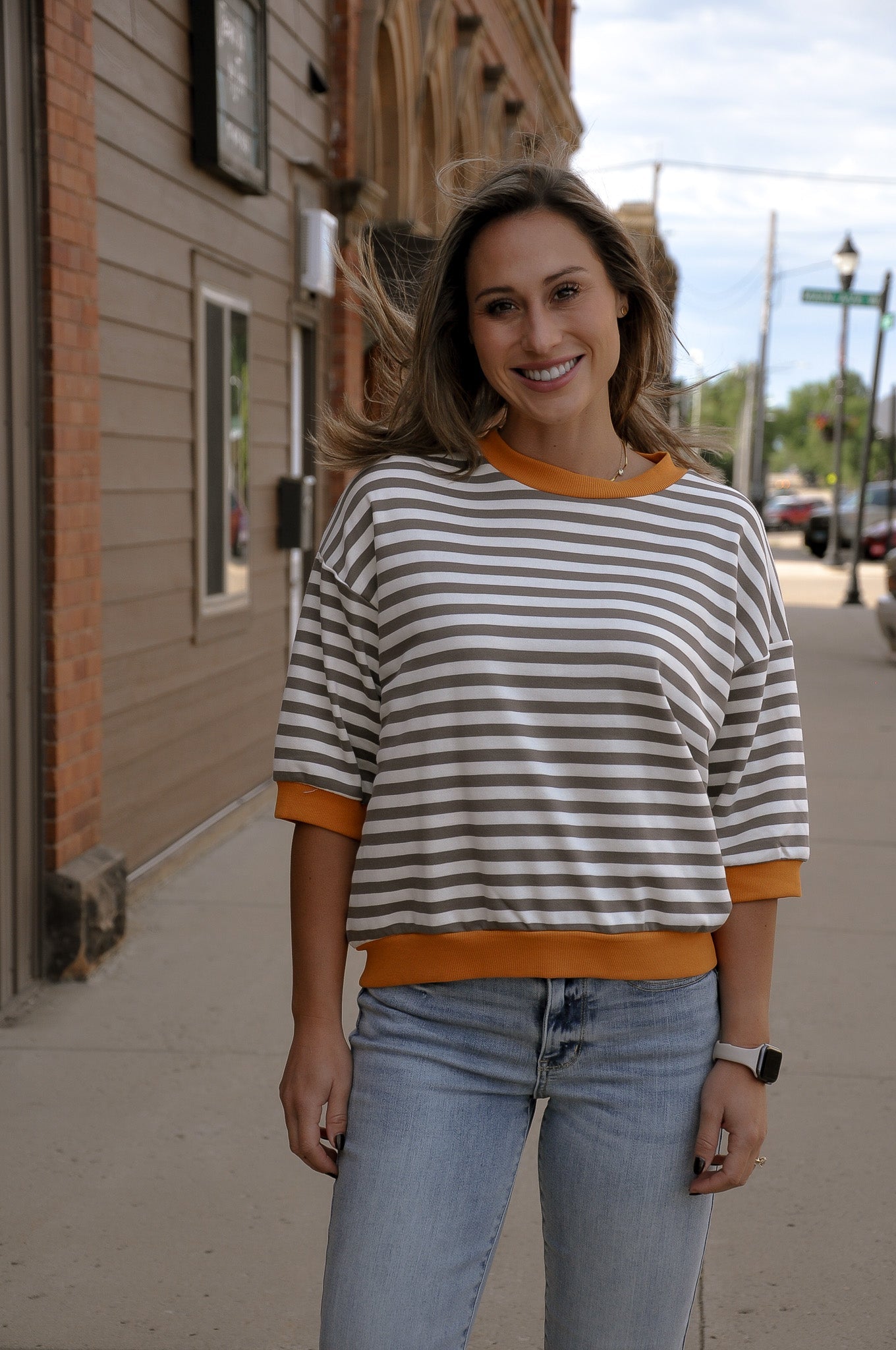 Colorblock Trim Stripe Short Drop Sleeve Top