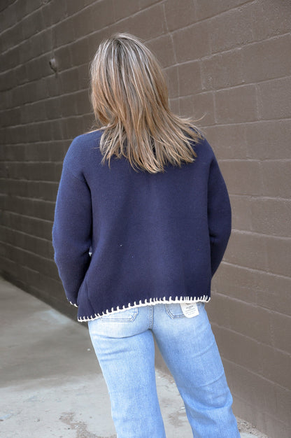 Contrast Whipstitch Knit Cardigan