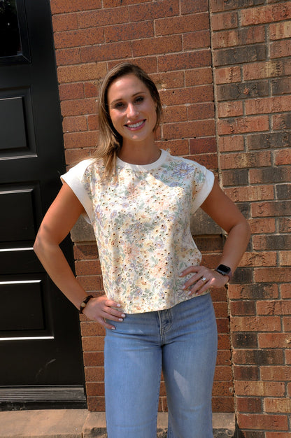 Cotton Twill Floral Terry Mix Muscle Top