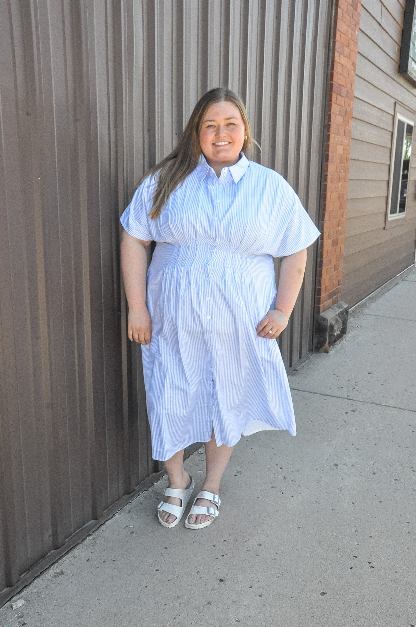 Curvy Button Down Pintucked Waist Dress