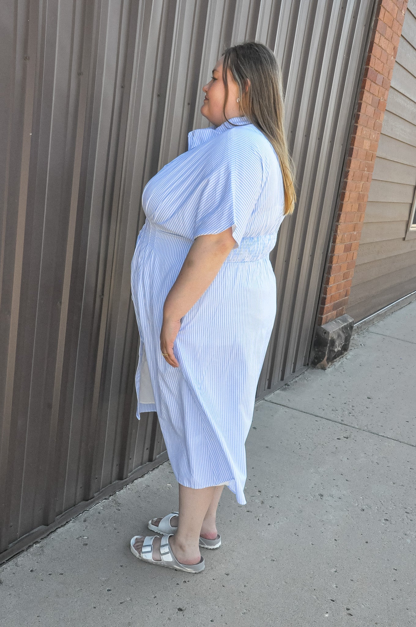 Curvy Button Down Pintucked Waist Dress