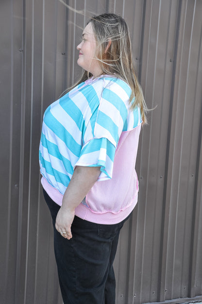 Curvy Flutter Sleeve Stripe French Terry Top