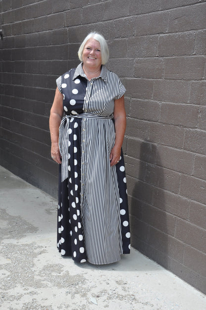 Curvy Contrast Dot Stripe Shirt Dress
