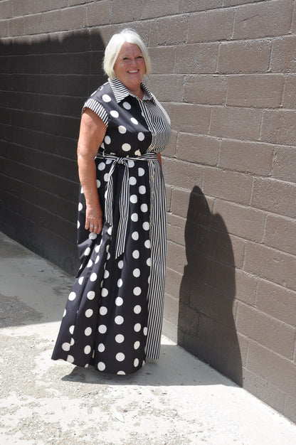 Curvy Contrast Dot Stripe Shirt Dress