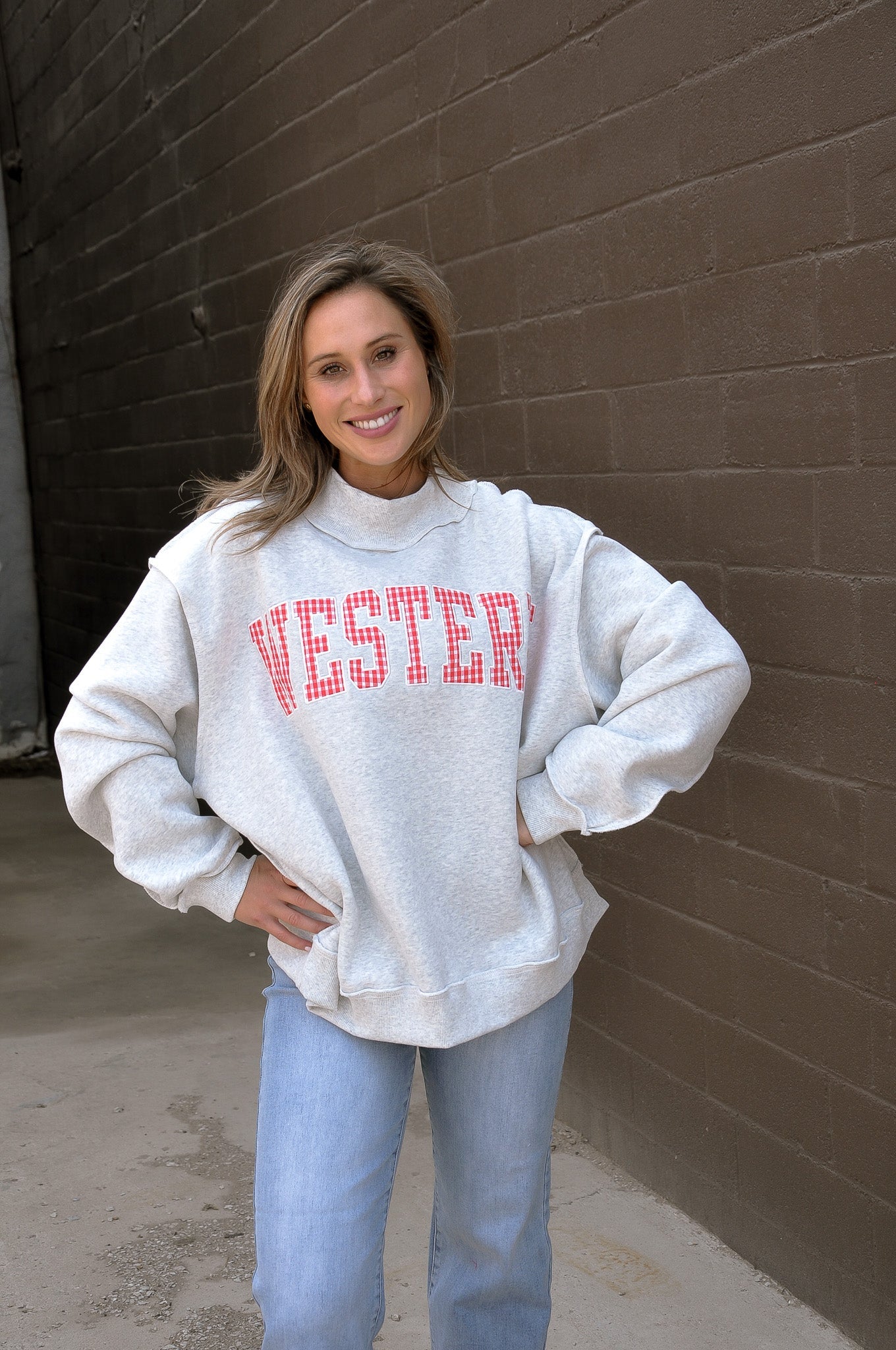 Embroidered "Western" Mock Neck Sweatshirt