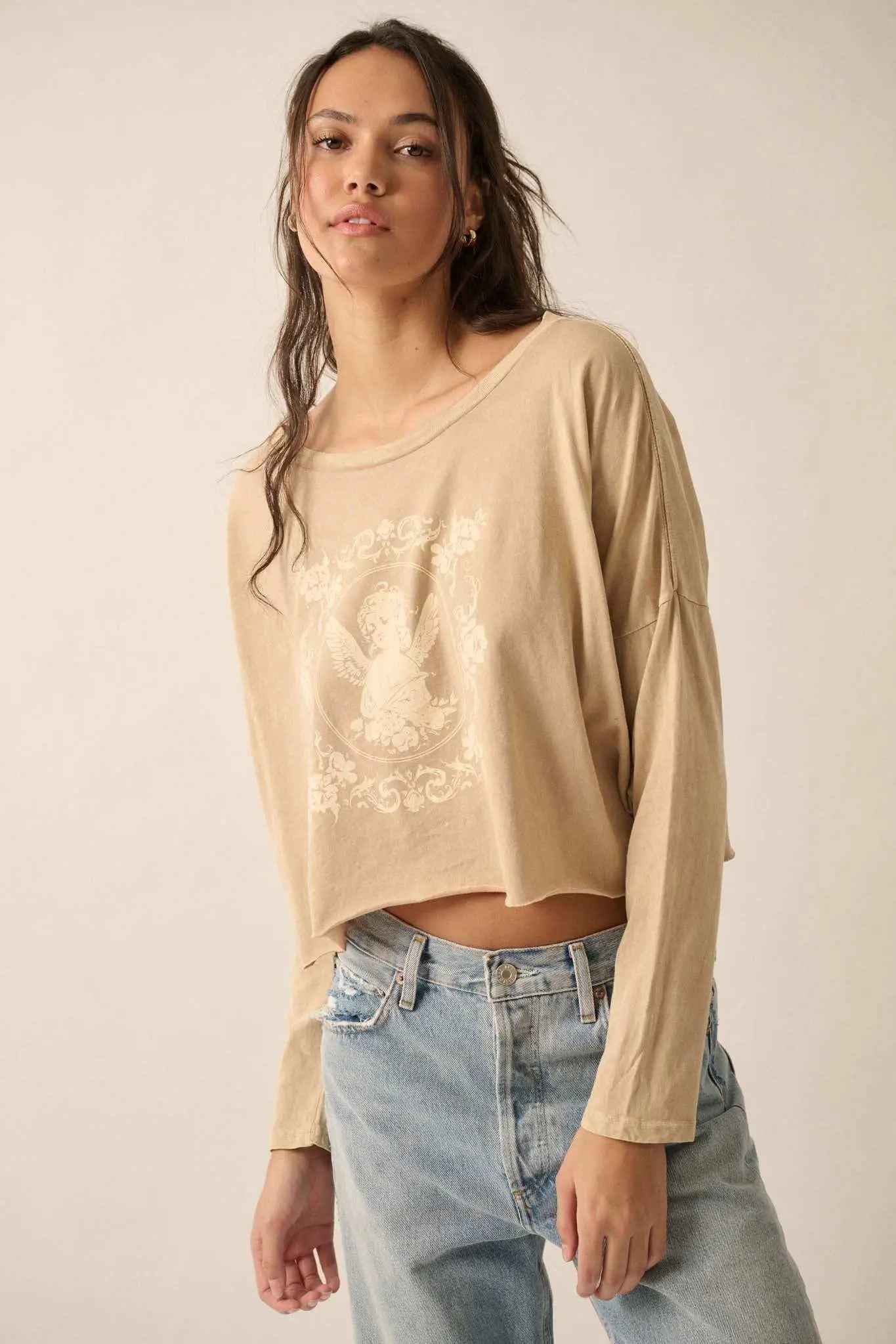 Vintage Angel Cropped Long-Sleeve Graphic Tee