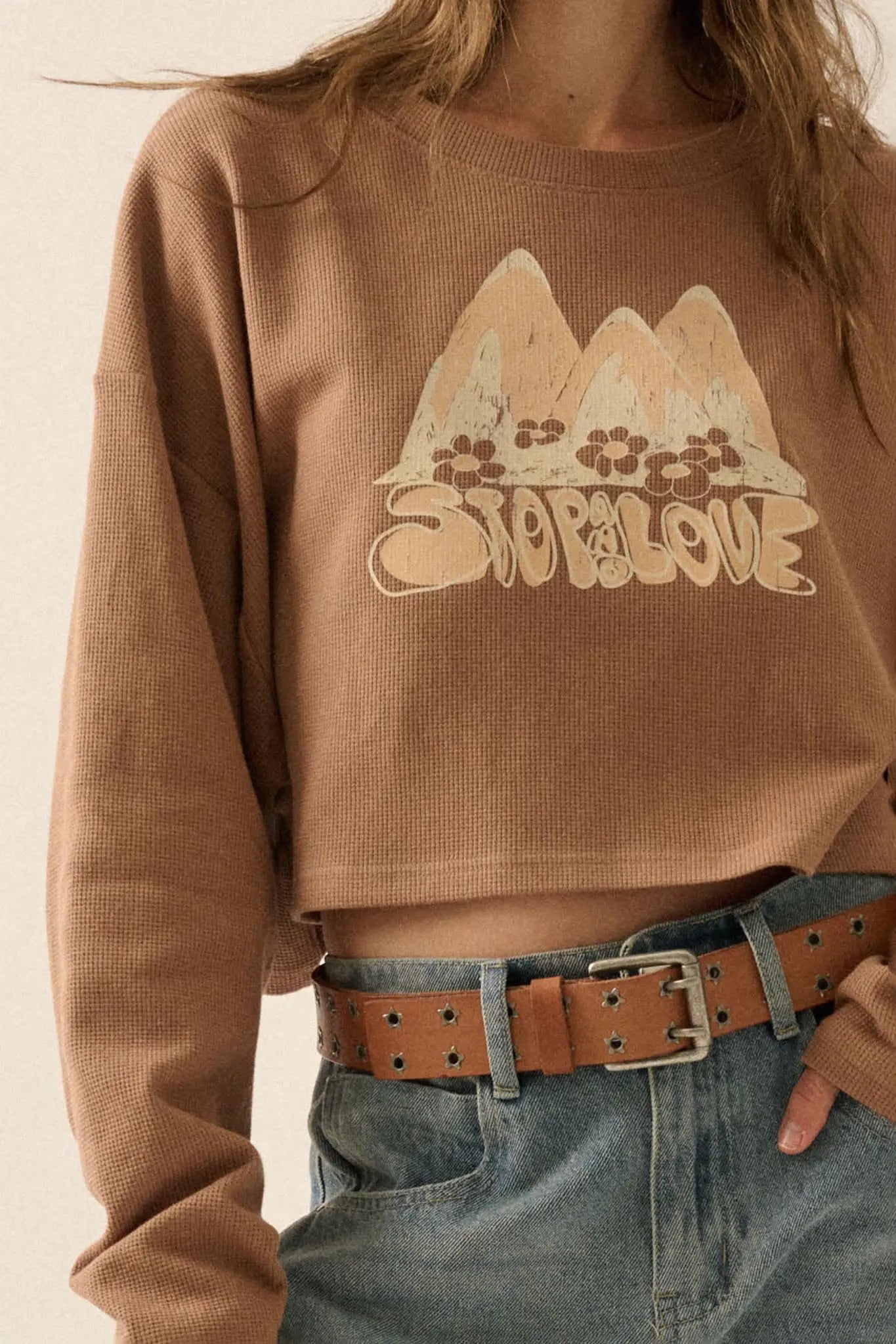 Stop and Love Cropped Thermal Graphic Top