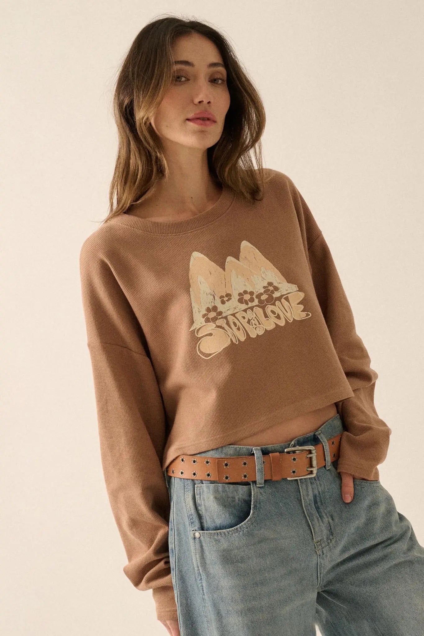 Stop and Love Cropped Thermal Graphic Top