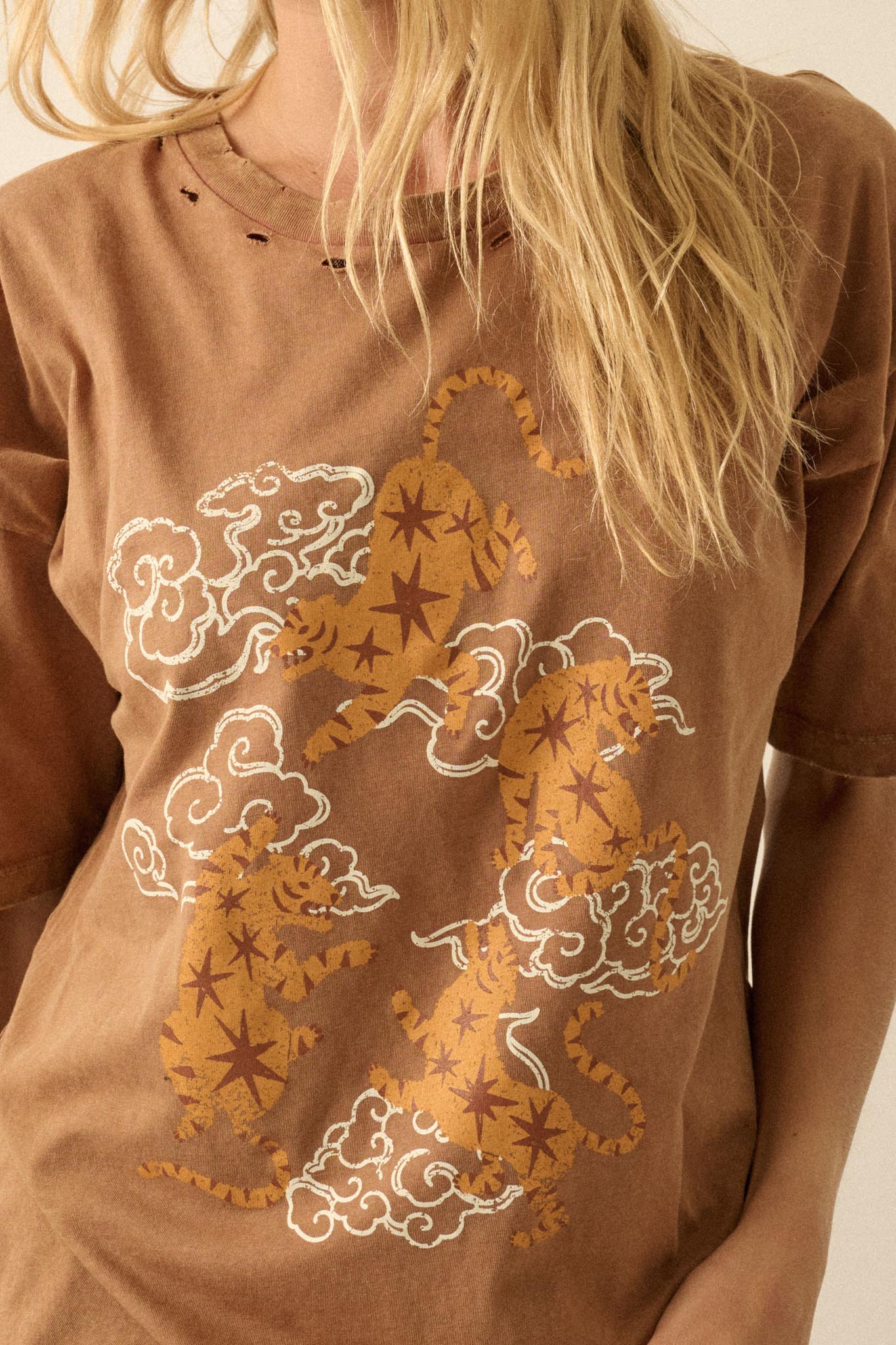 Celestial Tigers Distressed Oversize Graphic Tee