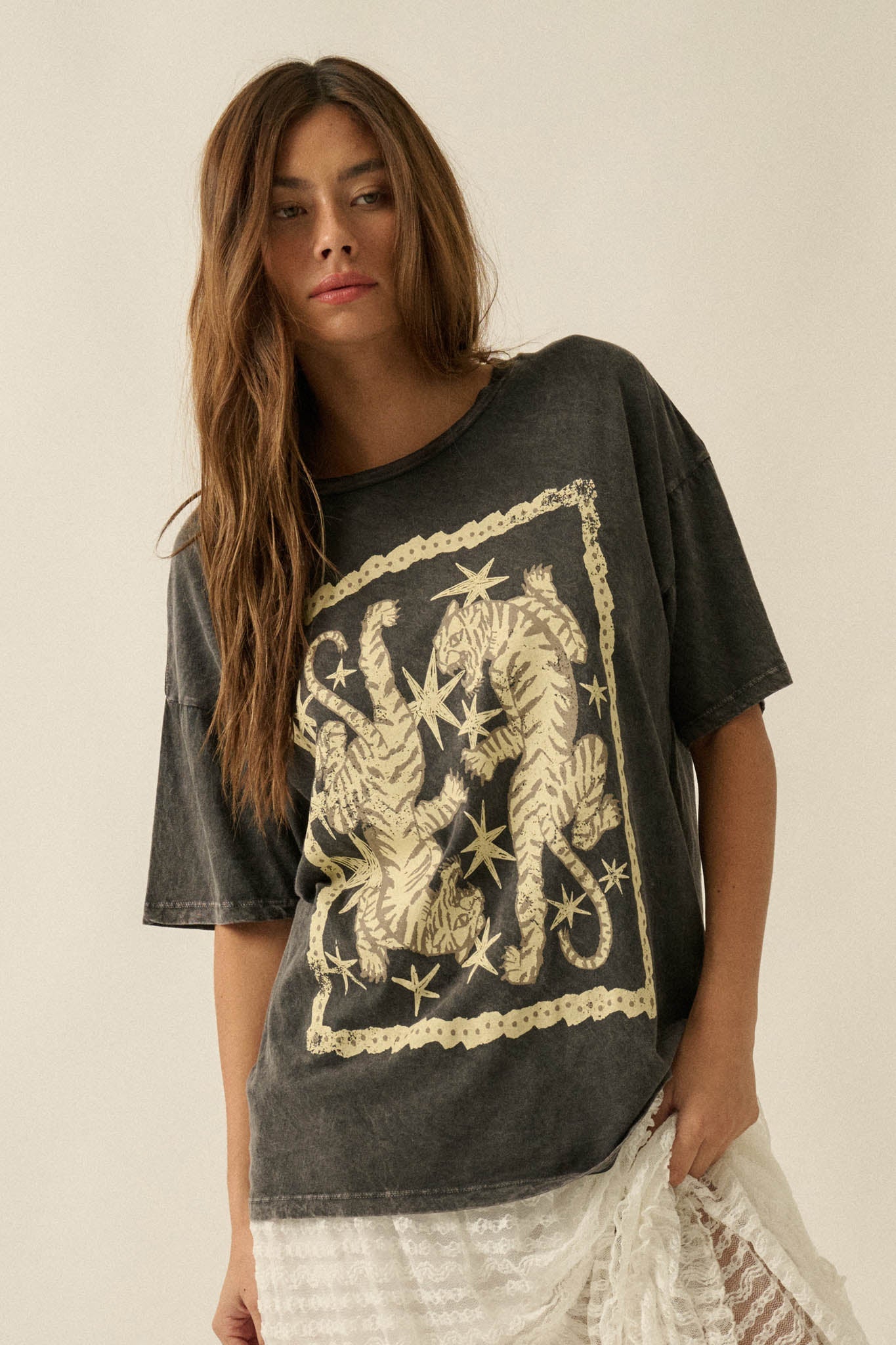 Twin Tigers Vintage-Wash Oversize Graphic Tee