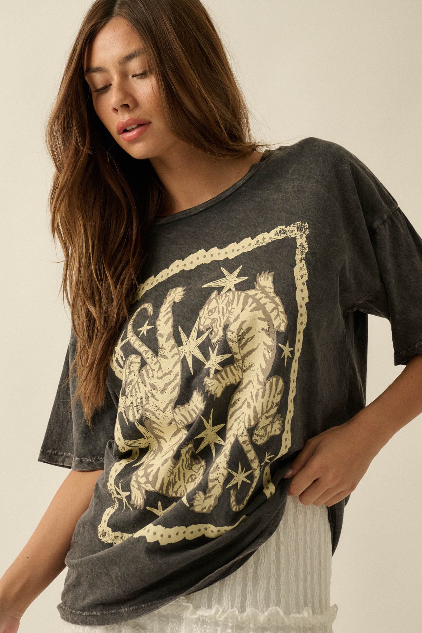 Twin Tigers Vintage-Wash Oversize Graphic Tee