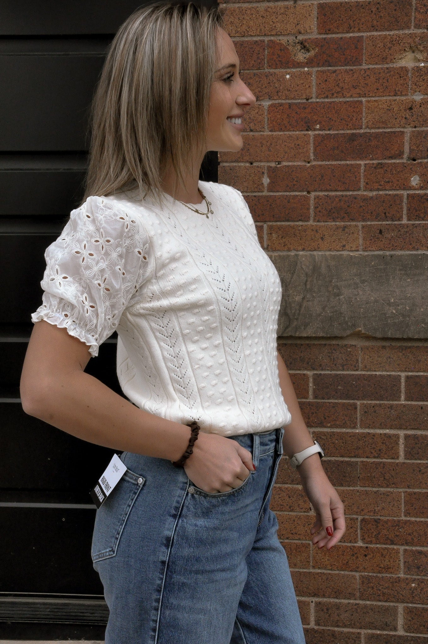 Ecru Lace Puff Sleeve Knit Top