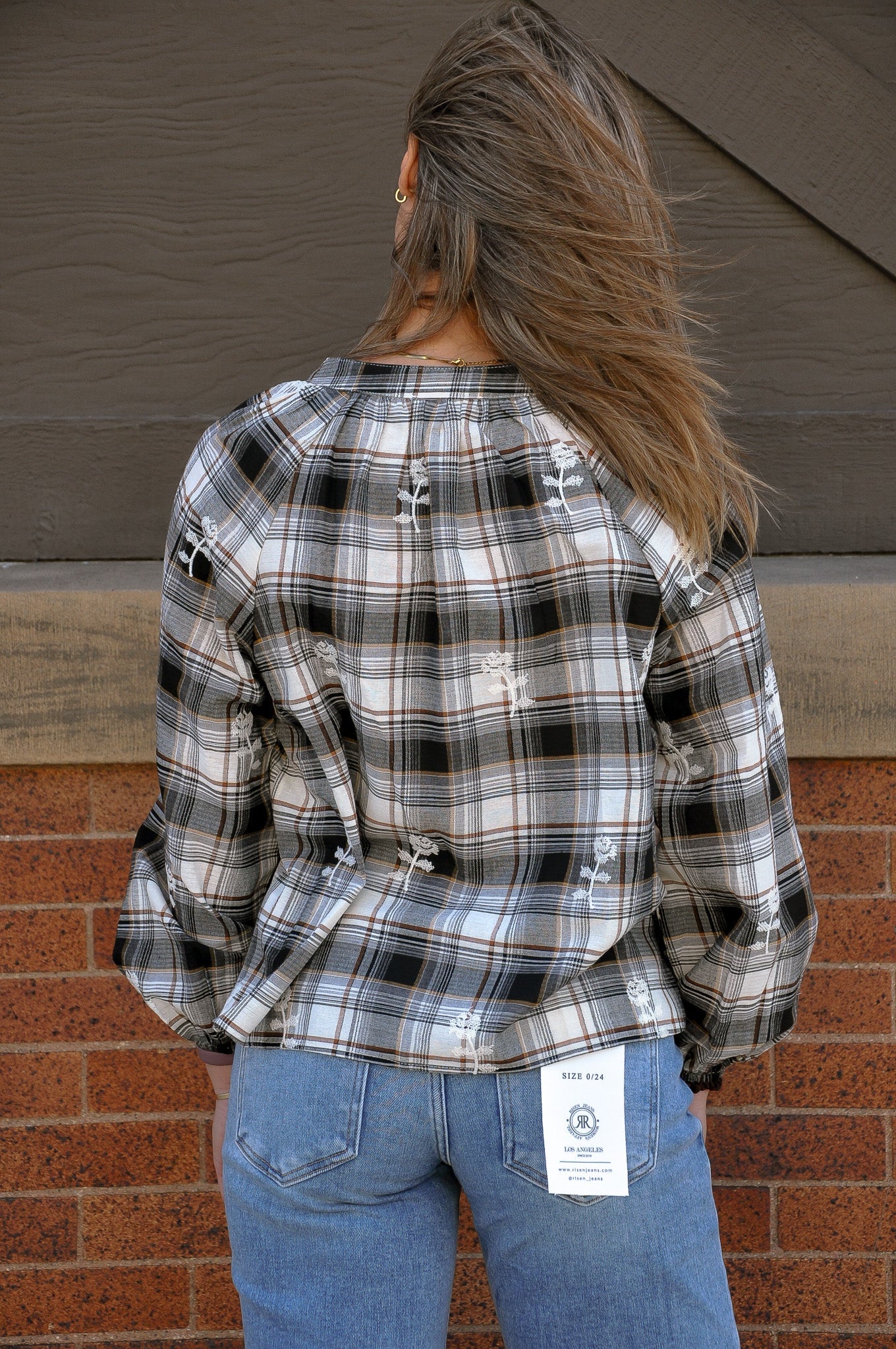 Embroidered Plaid Tie Neck Blouse