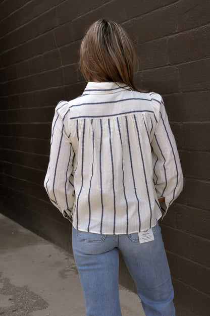 Embroidered Stripe Ruffle Front Blouse