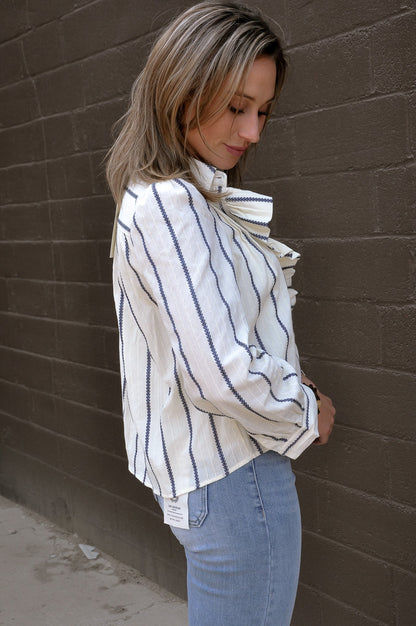Embroidered Stripe Ruffle Front Blouse