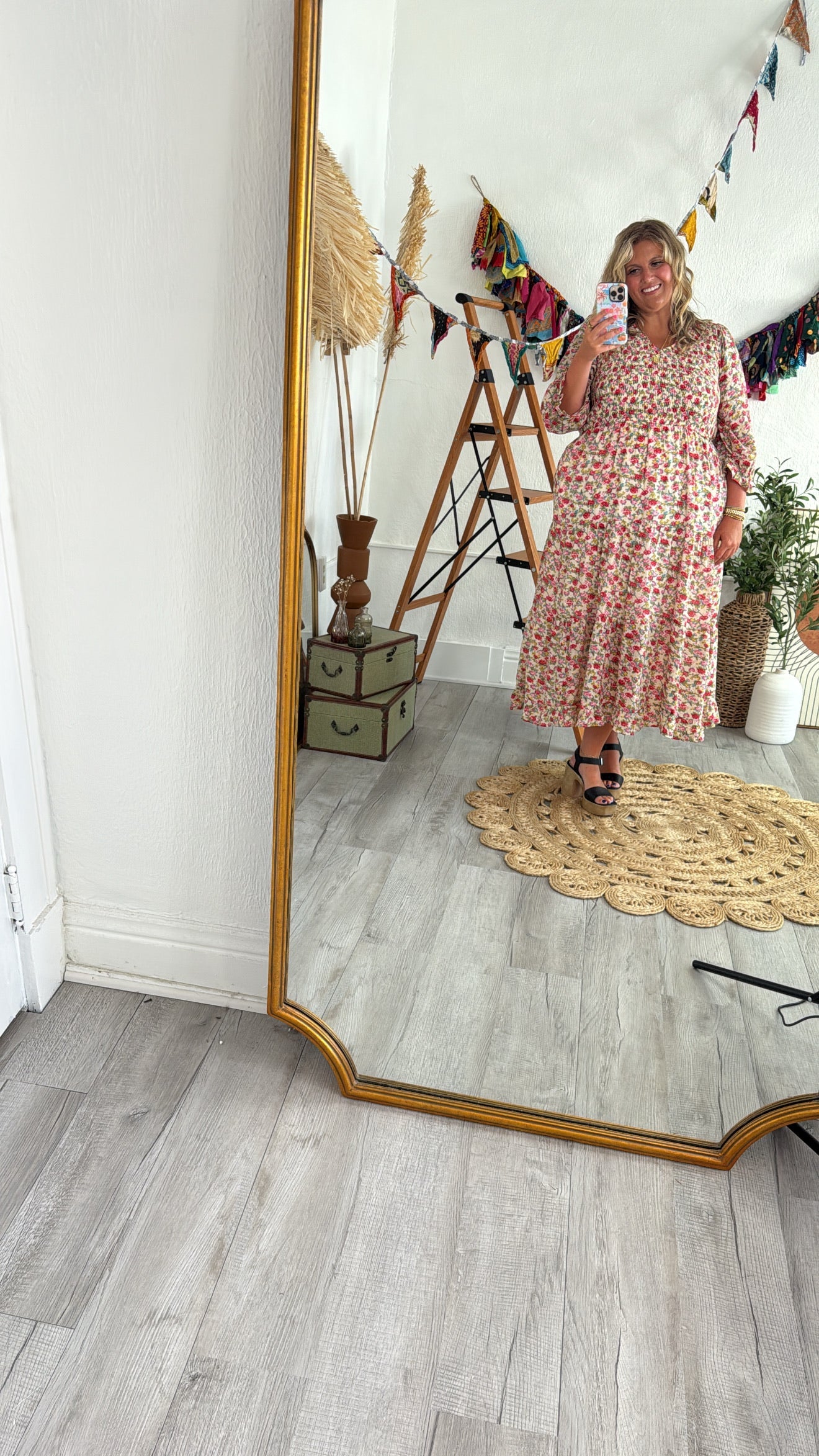 Full Bloom Floral Print Smocked Maxi Dress