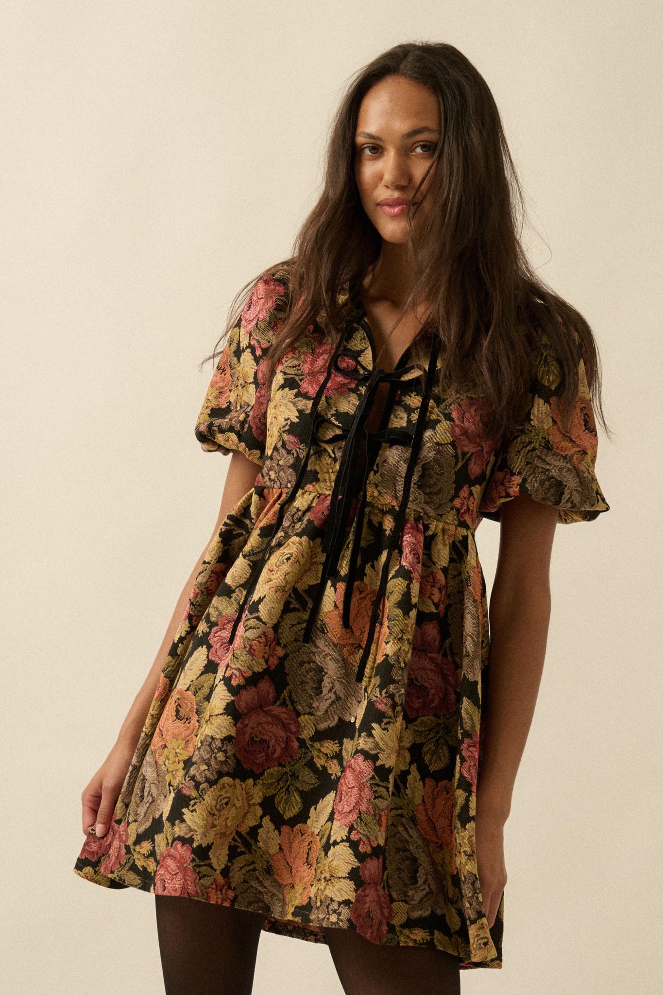 Sunset Harvest Floral Tapestry Babydoll Mini Dress