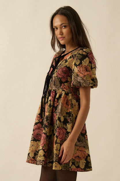 Sunset Harvest Floral Tapestry Babydoll Mini Dress