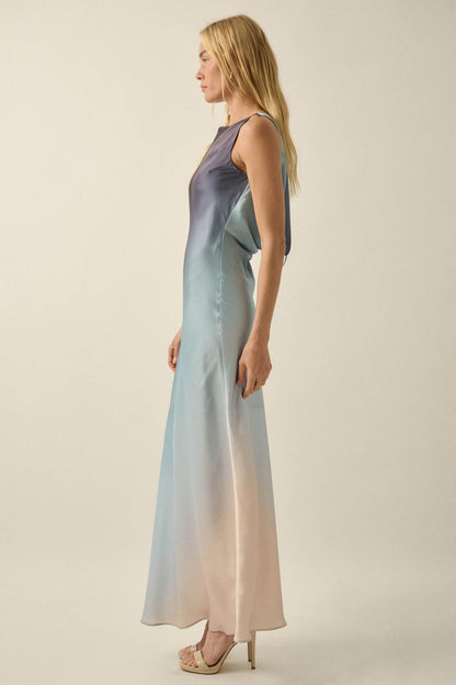 Glow Up Ombre Satin Cowl-Back Maxi Dress