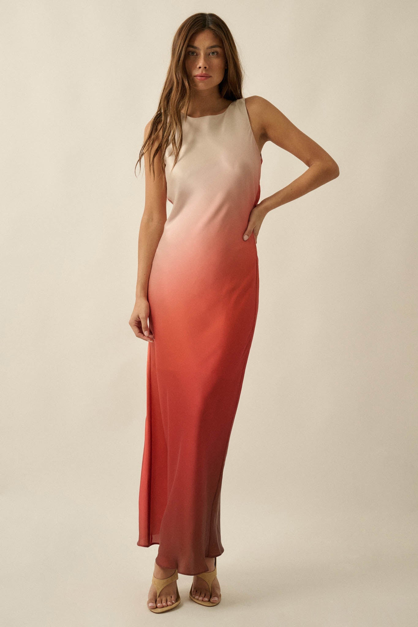 Glow Up Ombre Satin Cowl-Back Maxi Dress