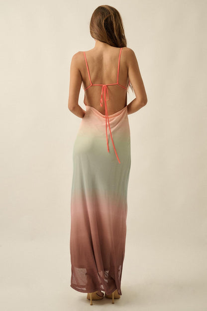Sunset Symphony Ombre Mesh Cowl-Neck Maxi Dress