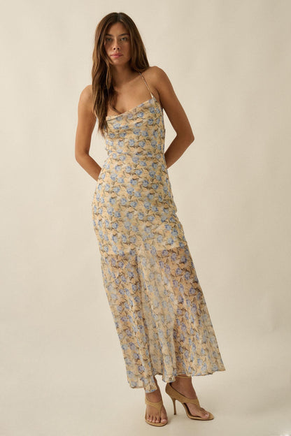 Sunshine Garden Floral Chiffon Open-Back Maxi Dress