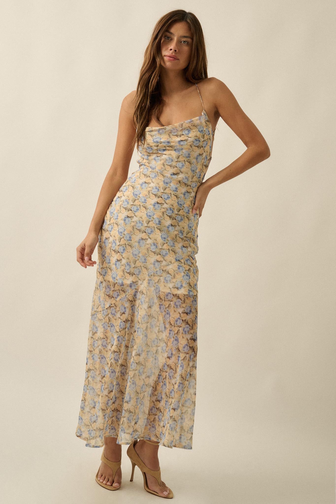 Sunshine Garden Floral Chiffon Open-Back Maxi Dress