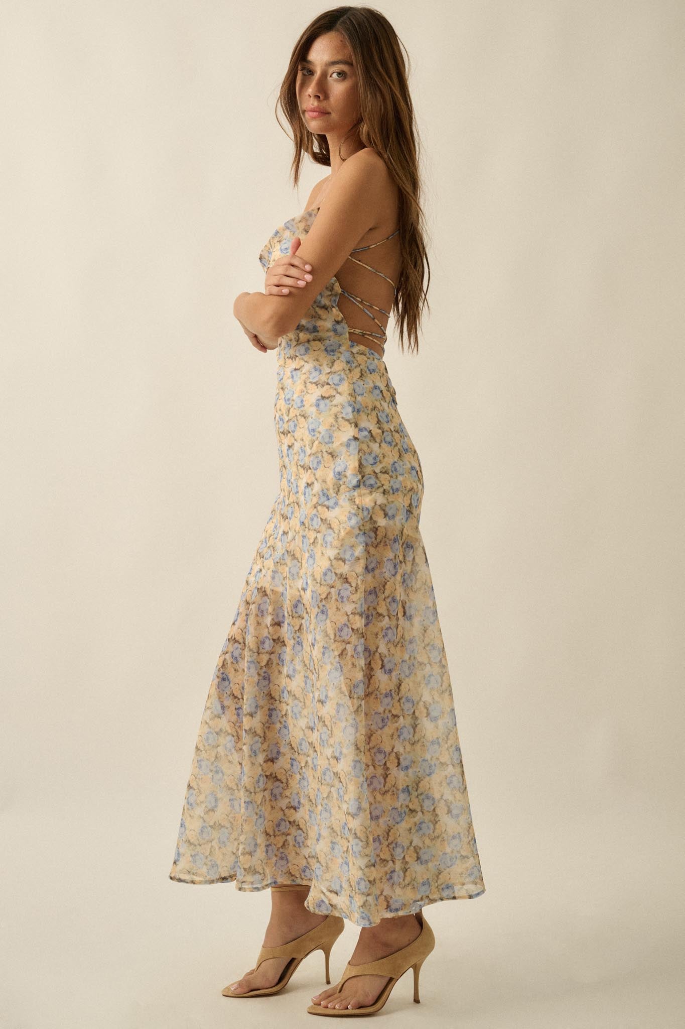 Sunshine Garden Floral Chiffon Open-Back Maxi Dress