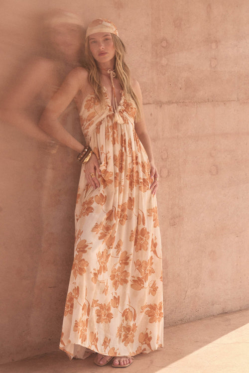 Golden Blooms Floral Tie-Back Halter Maxi Dress