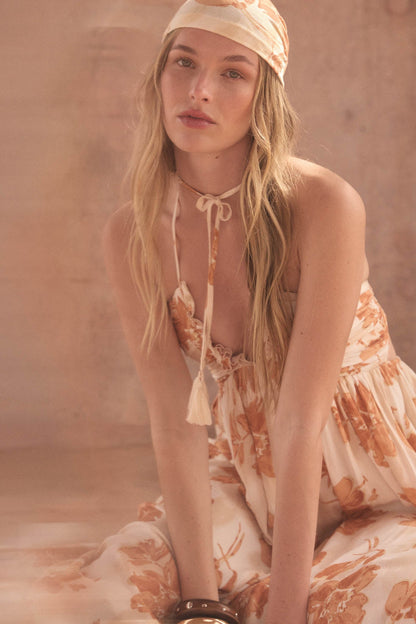 Golden Blooms Floral Tie-Back Halter Maxi Dress