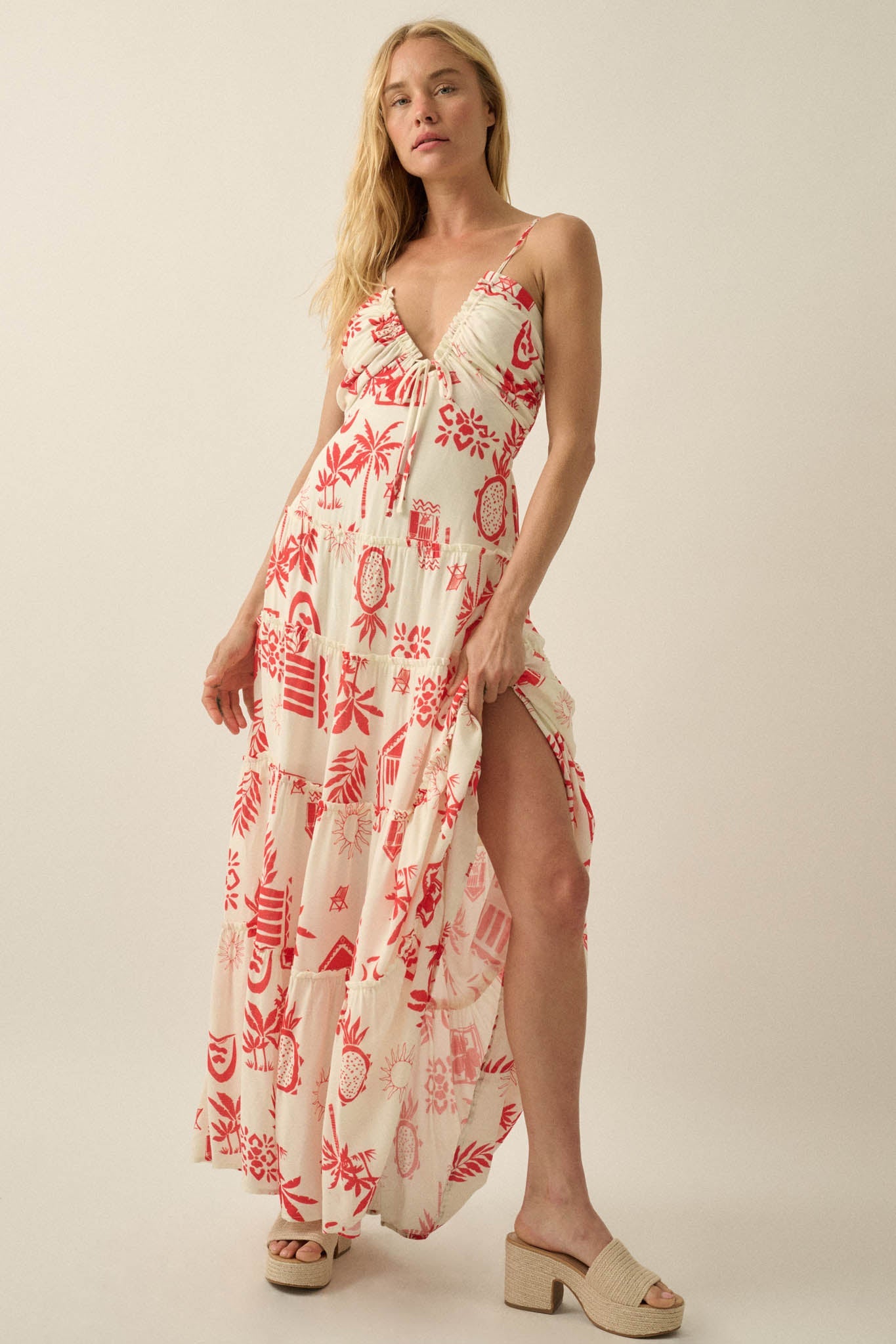 Sunny Shores Tiered Ruffle Tie-Front Maxi Dress