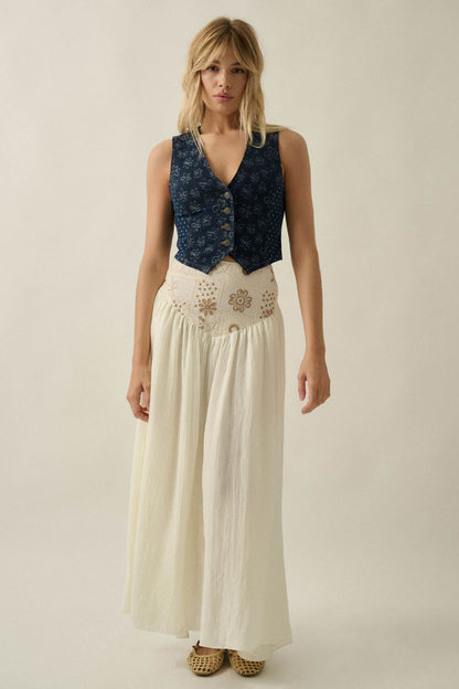 Denim Blooms Floral Jacquard Denim Cropped Vest