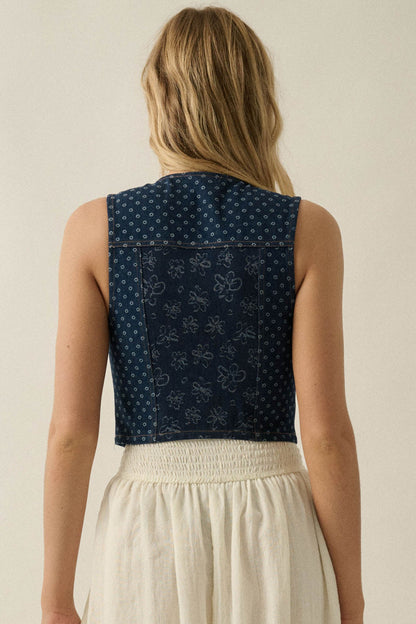 Denim Blooms Floral Jacquard Denim Cropped Vest